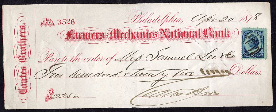 Philadelphia, PA, Farmers & Mechanics National Bank, Charter #538, 1878 Check